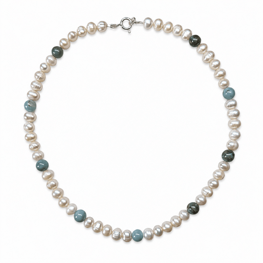 Süsswasserperlen-Kette mit Blauem Achat - Atelier Tibet