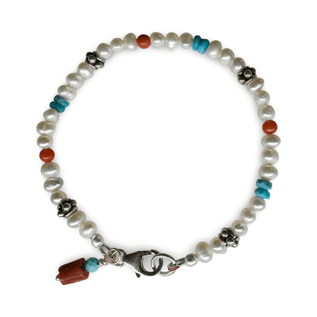 Süsswasserperlen Mala - Armband mit Korallen und Türkis - Atelier Tibet