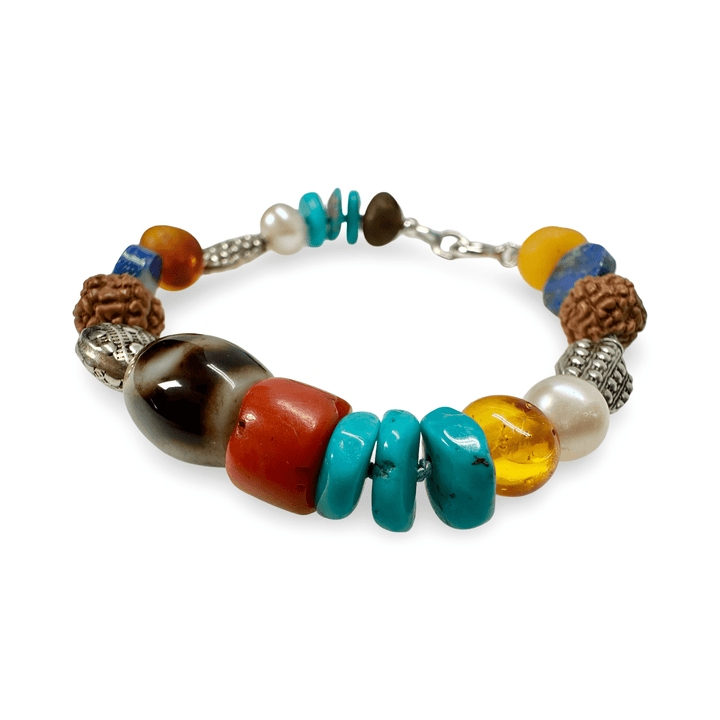 Tibet - Armband aus Türkis, Dzi, Koralle, Bernstein, Rudraksha, Silber und mehr - Atelier Tibet