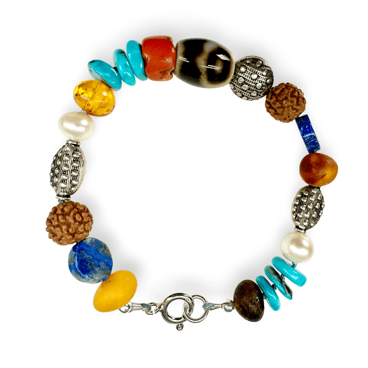 Tibet - Armband aus Türkis, Dzi, Koralle, Bernstein, Rudraksha, Silber und mehr - Atelier Tibet