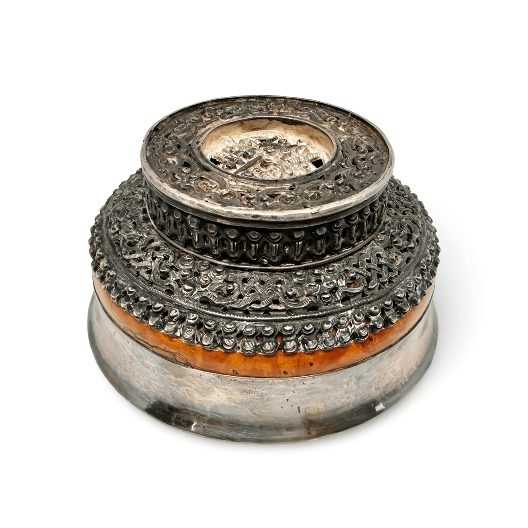 Tibetische Butterteeschale – Silber und Holz - Atelier Tibet