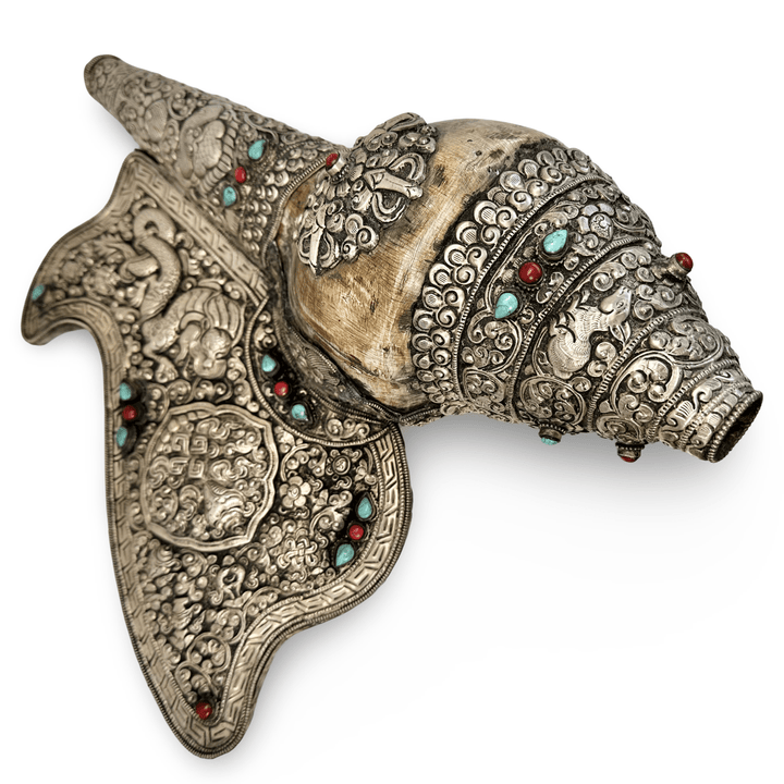 Tibetische Dungkar – Silbermontierung mit Türkis und Koralle - Atelier Tibet