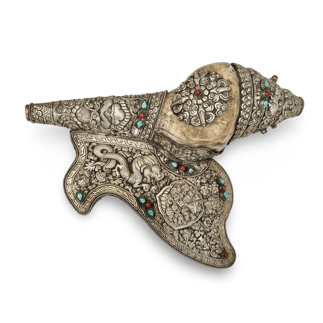 Tibetische Dungkar – Silbermontierung mit Türkis und Koralle - Atelier Tibet