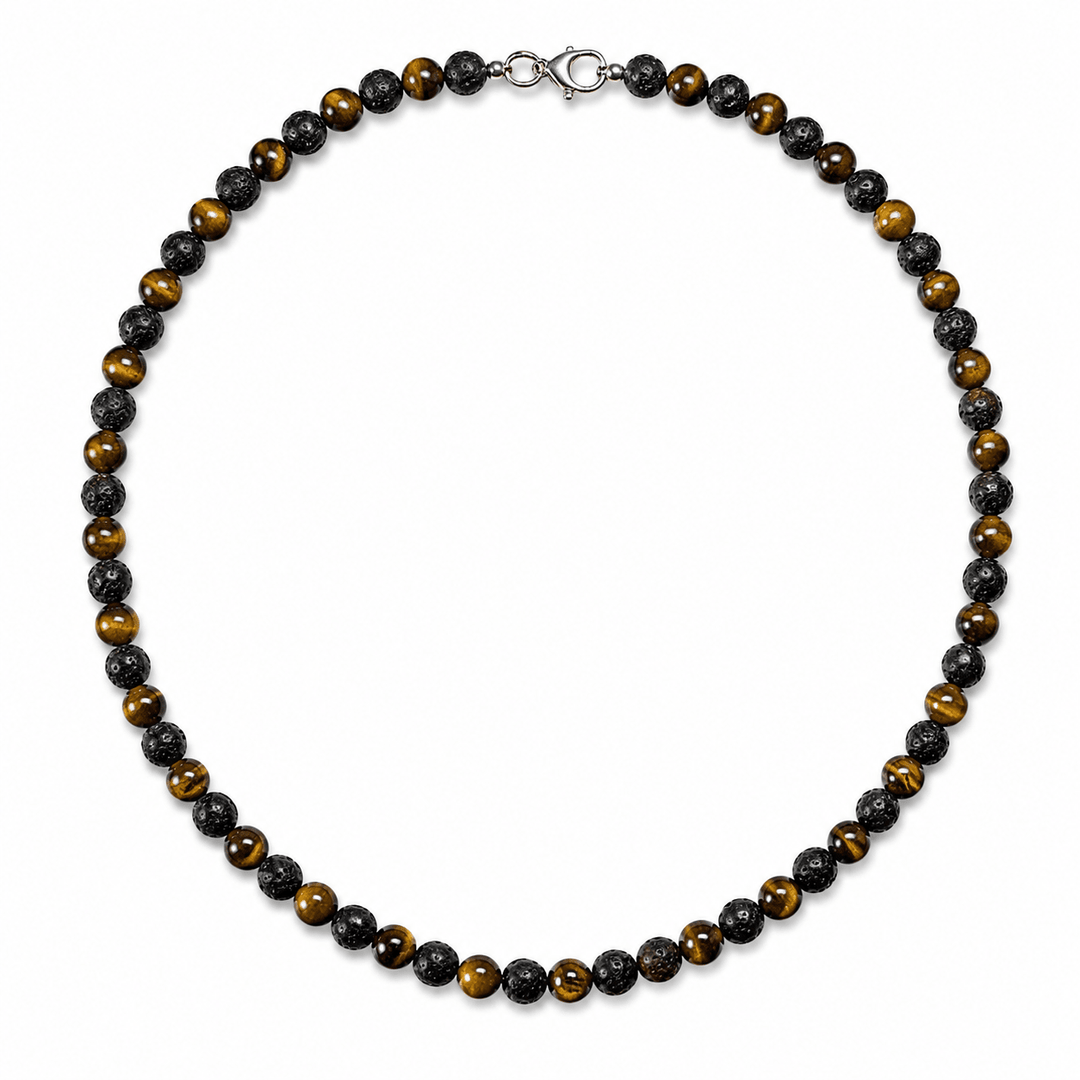 Tigerauge- und Lava-Halskette (7 mm) - Atelier Tibet