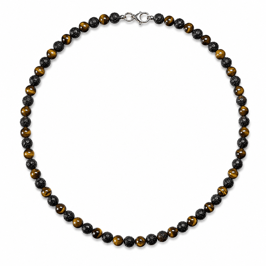 Tigerauge- und Lava-Halskette (7 mm) - Atelier Tibet