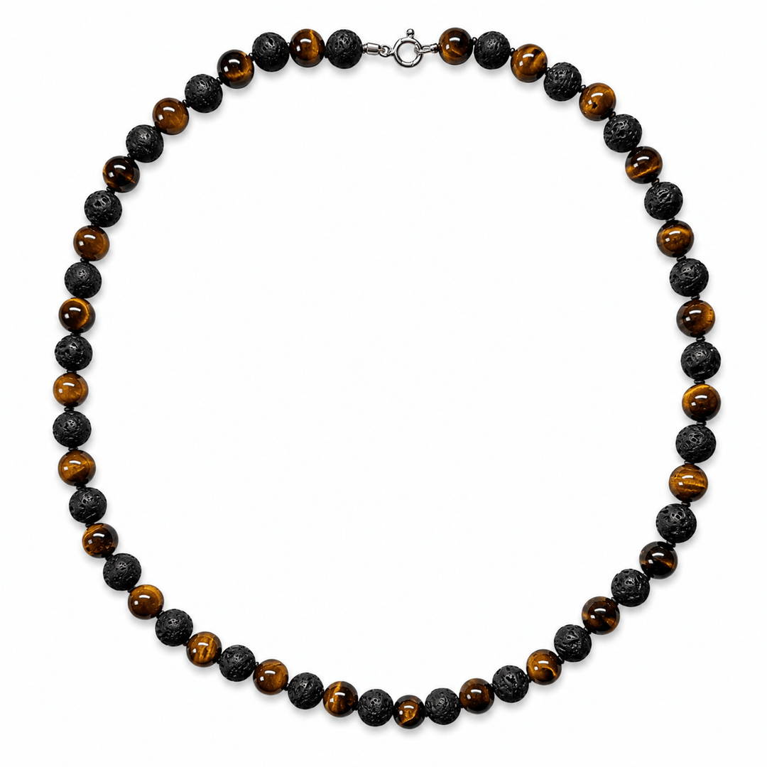 Tigerauge- und Lava-Halskette (8 mm) - Atelier Tibet