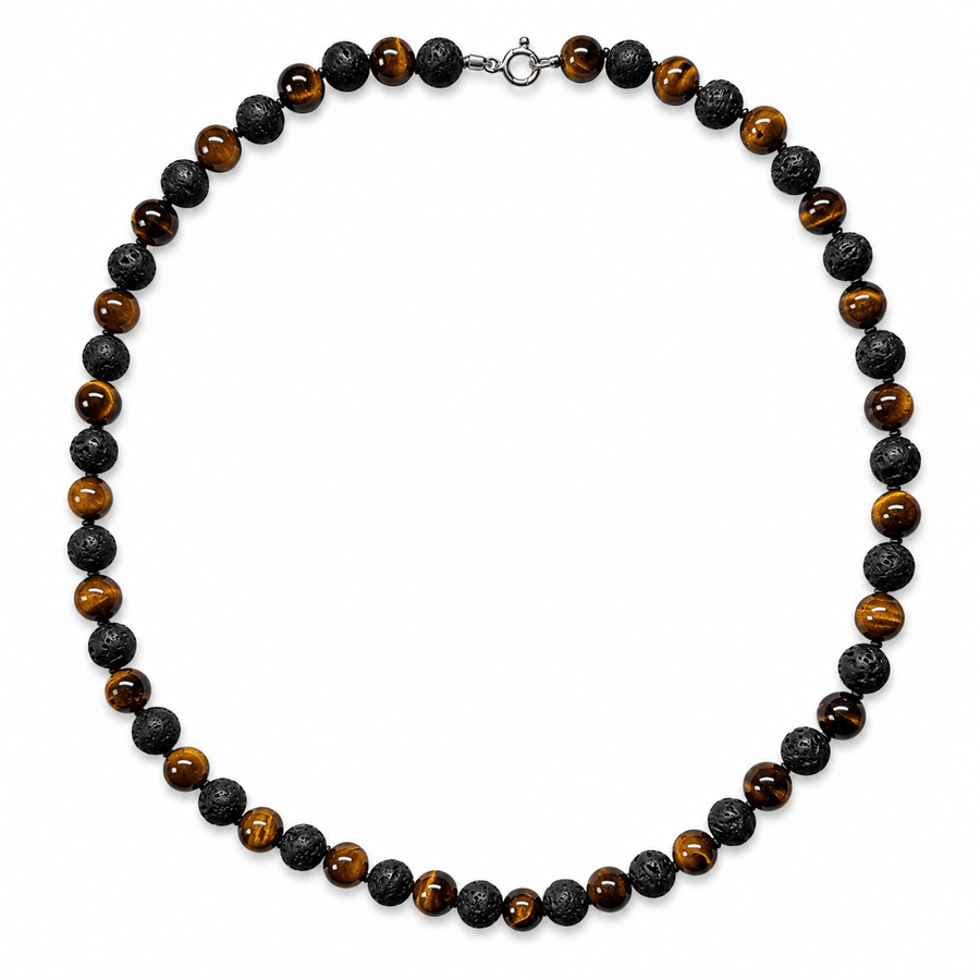 Tigerauge- und Lava-Halskette (8 mm) - Atelier Tibet
