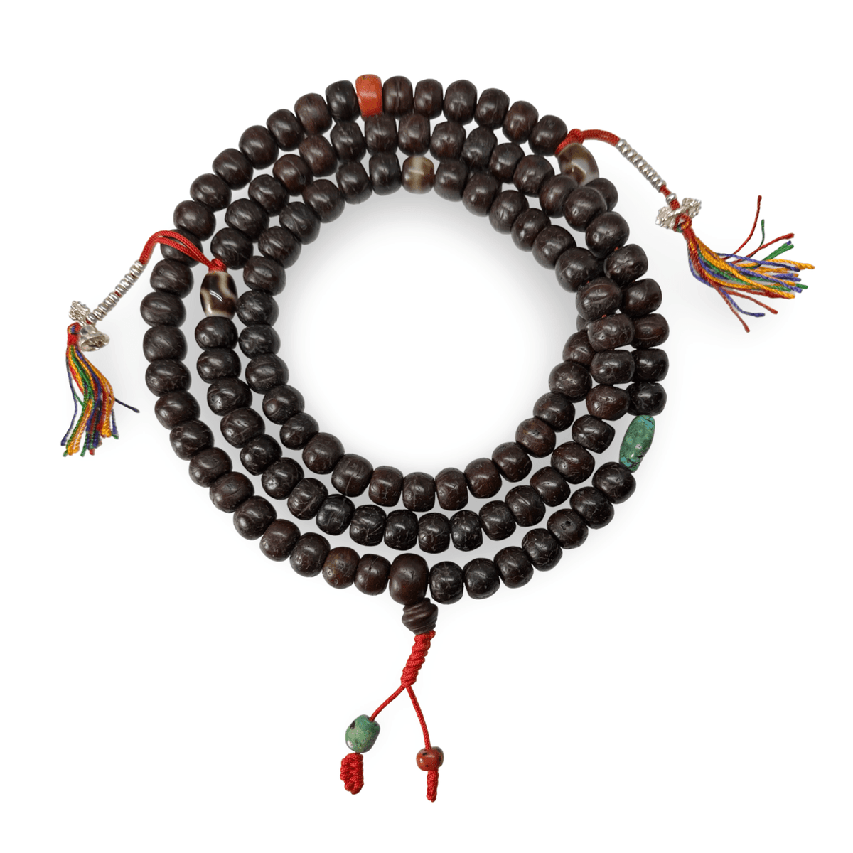 Traditionelle Bodhi Samen Mala mit Koralle, Dzi und Tibet Türkis - Atelier Tibet