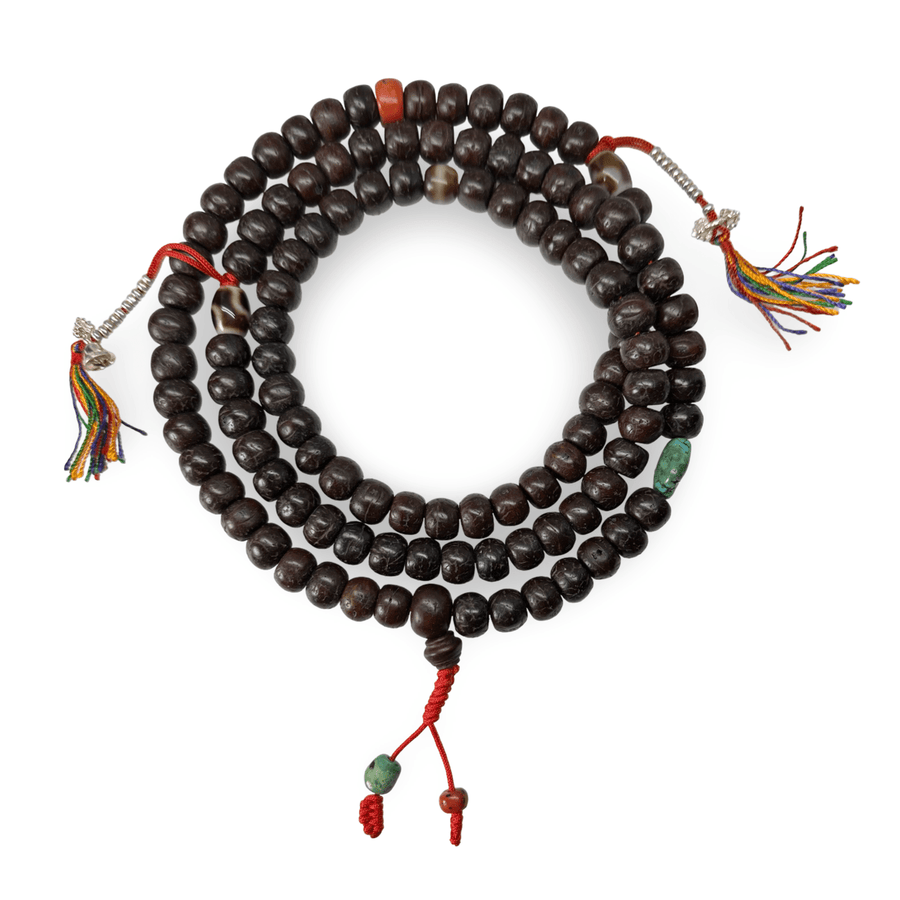Traditionelle Bodhi Samen Mala mit Koralle, Dzi und Tibet Türkis - Atelier Tibet