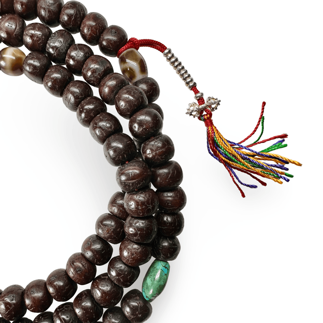 Traditionelle Bodhi Samen Mala mit Koralle, Dzi und Tibet Türkis - Atelier Tibet