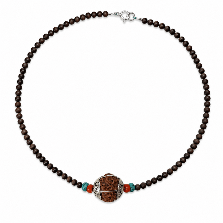 Traditionelle Kette mit Ebenholz, Rudraksha, Türkis und Koralle - Atelier Tibet