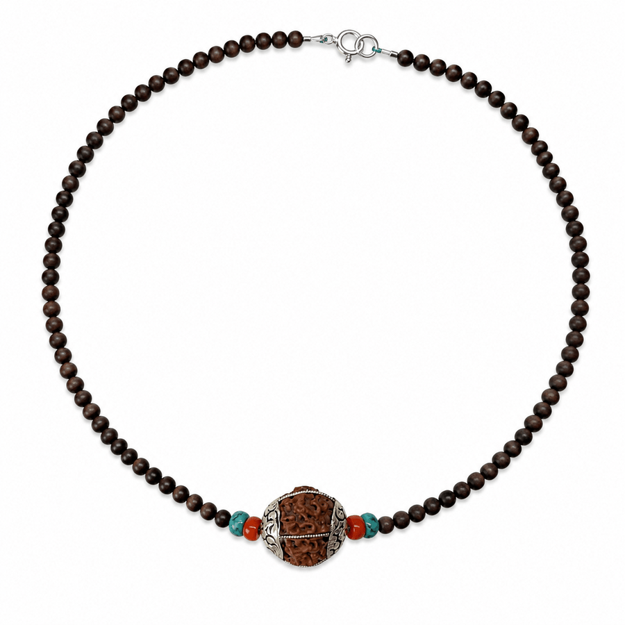 Traditionelle Kette mit Ebenholz, Rudraksha, Türkis und Koralle - Atelier Tibet