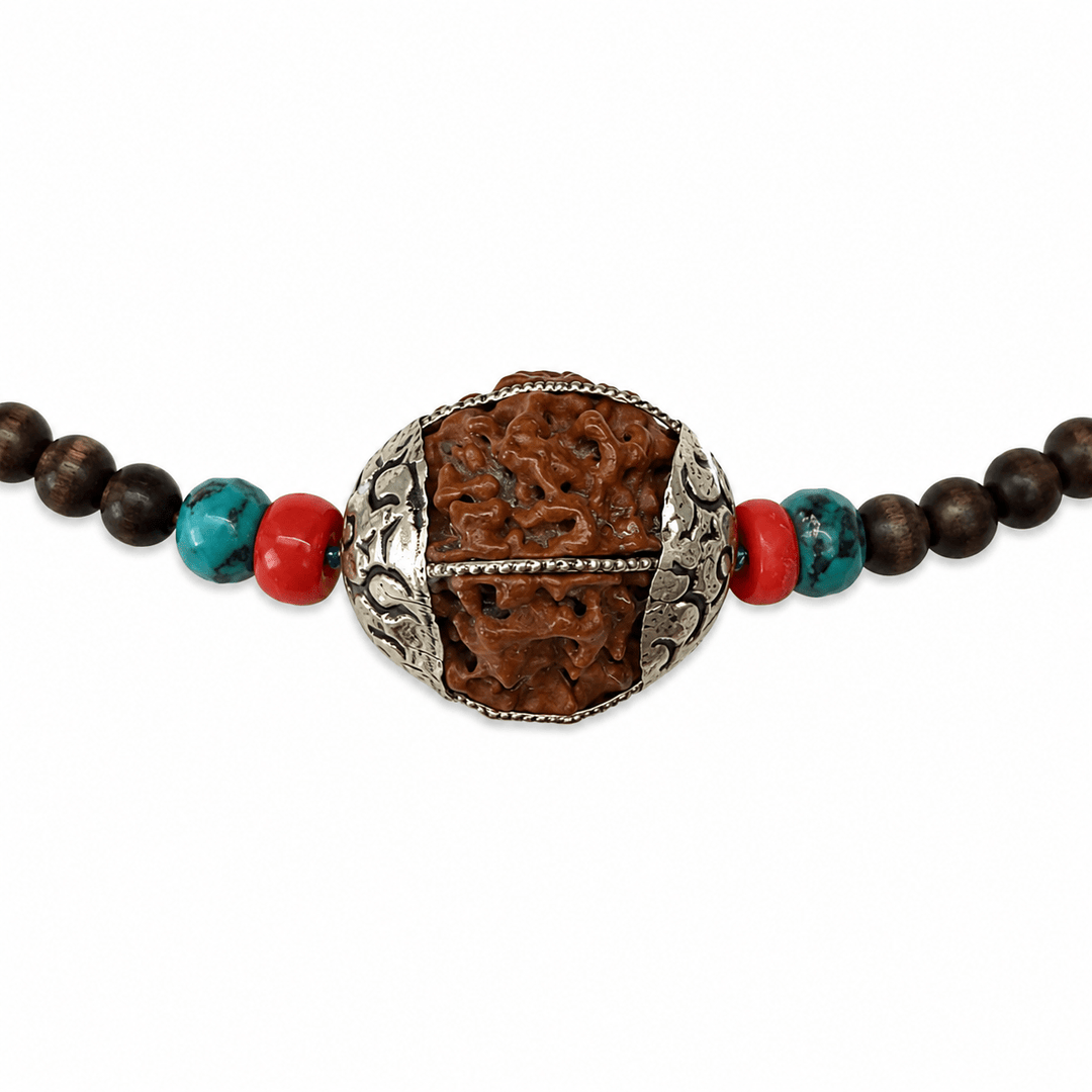 Traditionelle Kette mit Ebenholz, Rudraksha, Türkis und Koralle - Atelier Tibet