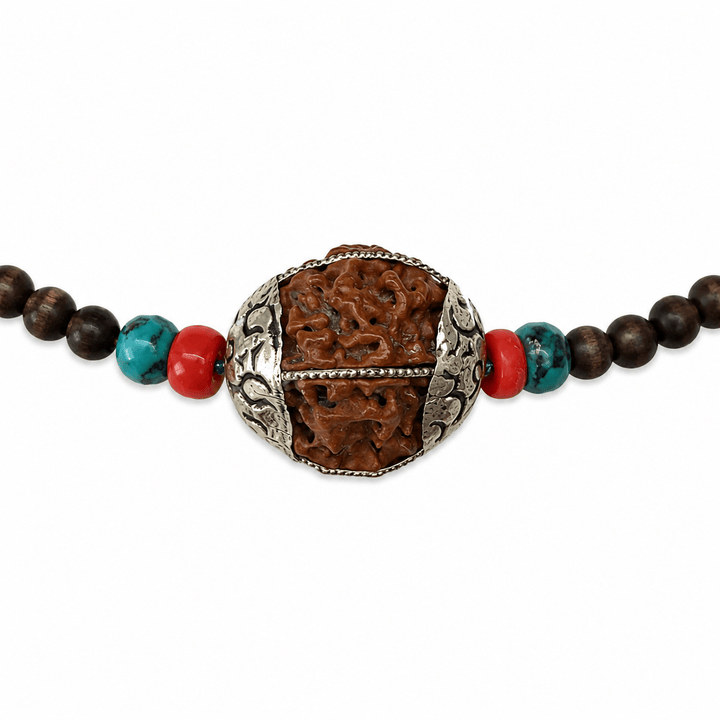 Traditionelle Kette mit Ebenholz, Rudraksha, Türkis und Koralle - Atelier Tibet