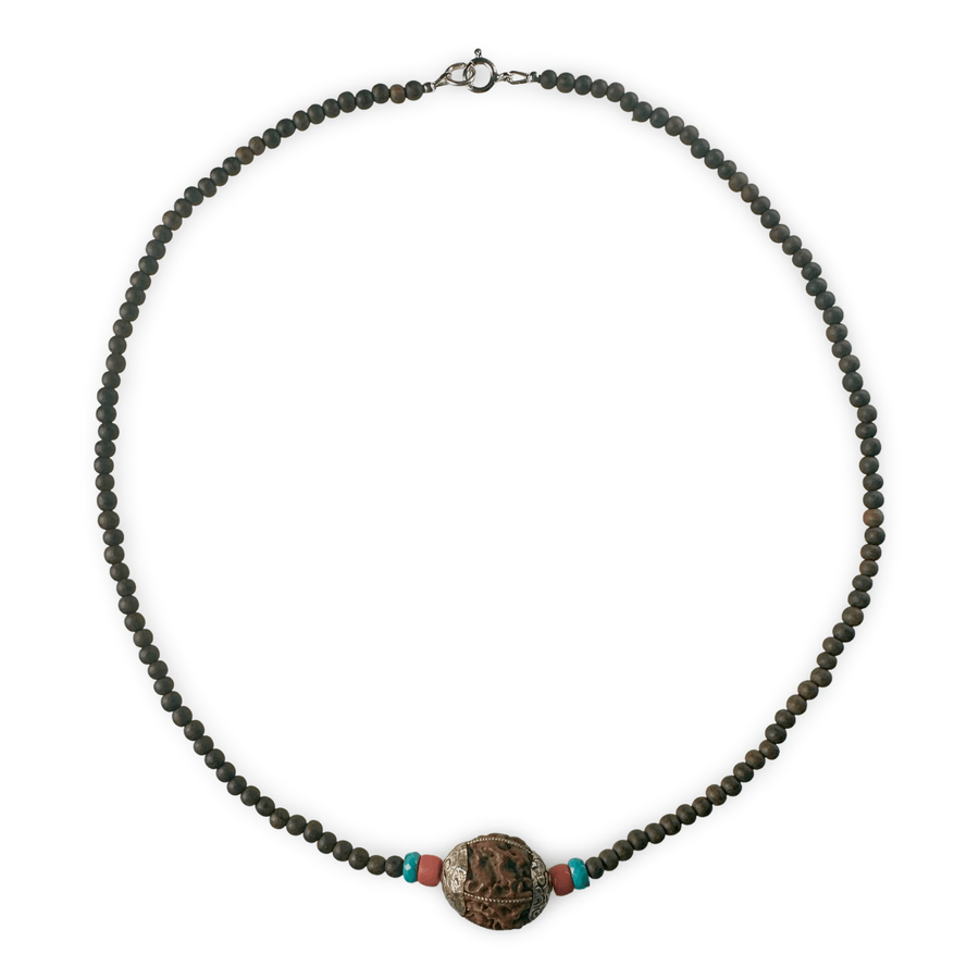 Traditionelle Kette mit Ebenholz, Rudraksha, Türkis und Koralle - Atelier Tibet