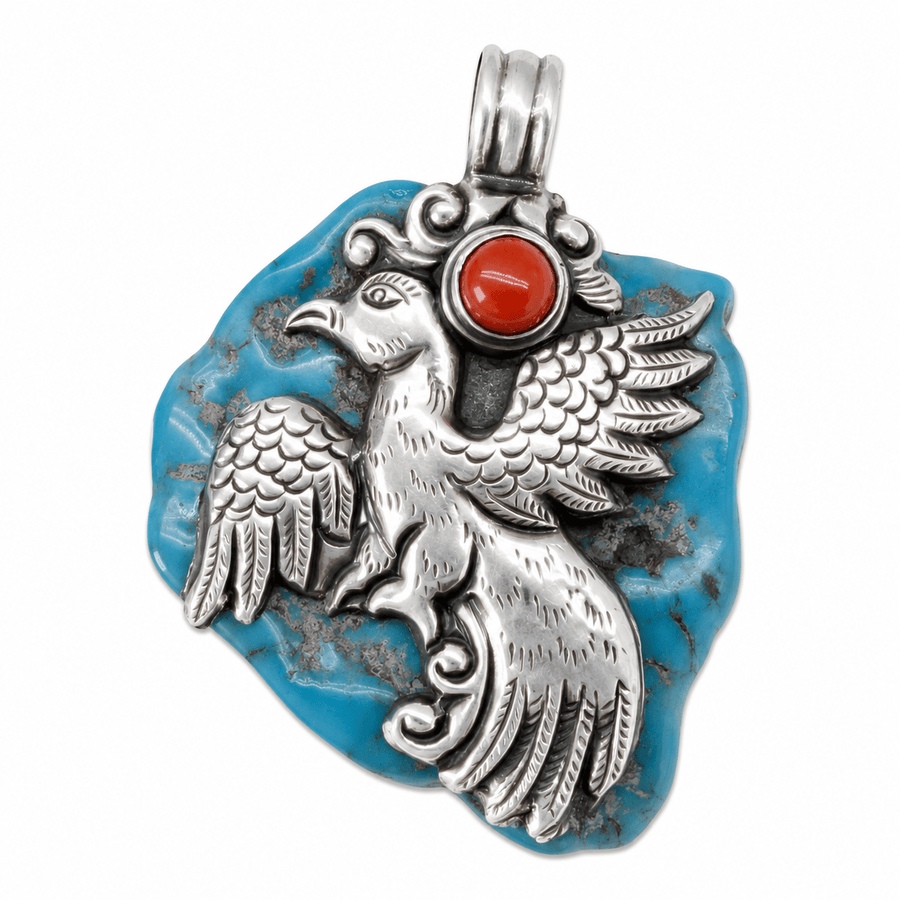 Türkis-Anhänger mit Silber-Garuda und Koralle - Atelier Tibet
