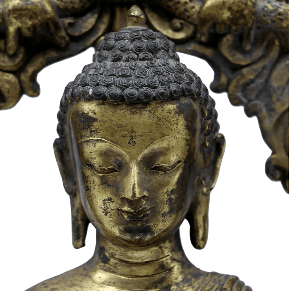 Vergoldete antike Shakyamuni - Buddha - Statue mit reich verziertem Nimbusrahmen - Atelier Tibet