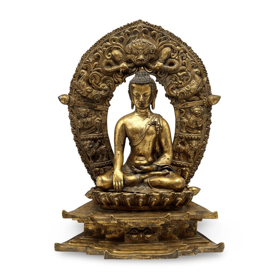 Vergoldete antike Shakyamuni - Buddha - Statue mit reich verziertem Nimbusrahmen - Atelier Tibet