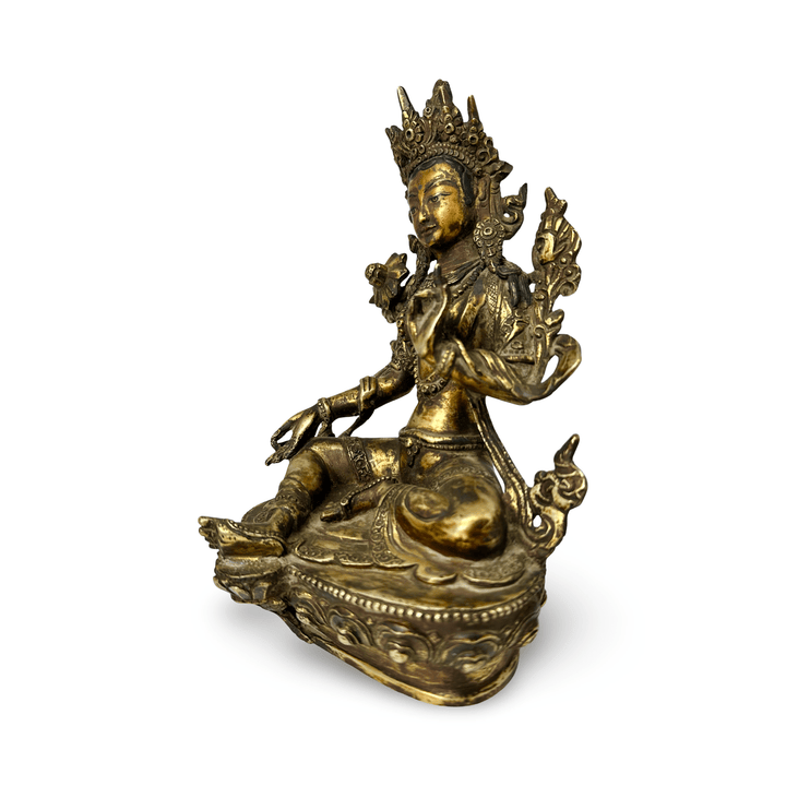 Vergoldete Kupferstatue «Grüne Tara» in antikem Stil mit Patina - Atelier Tibet