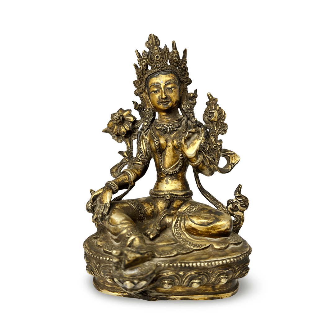 Vergoldete Kupferstatue «Grüne Tara» in antikem Stil mit Patina - Atelier Tibet