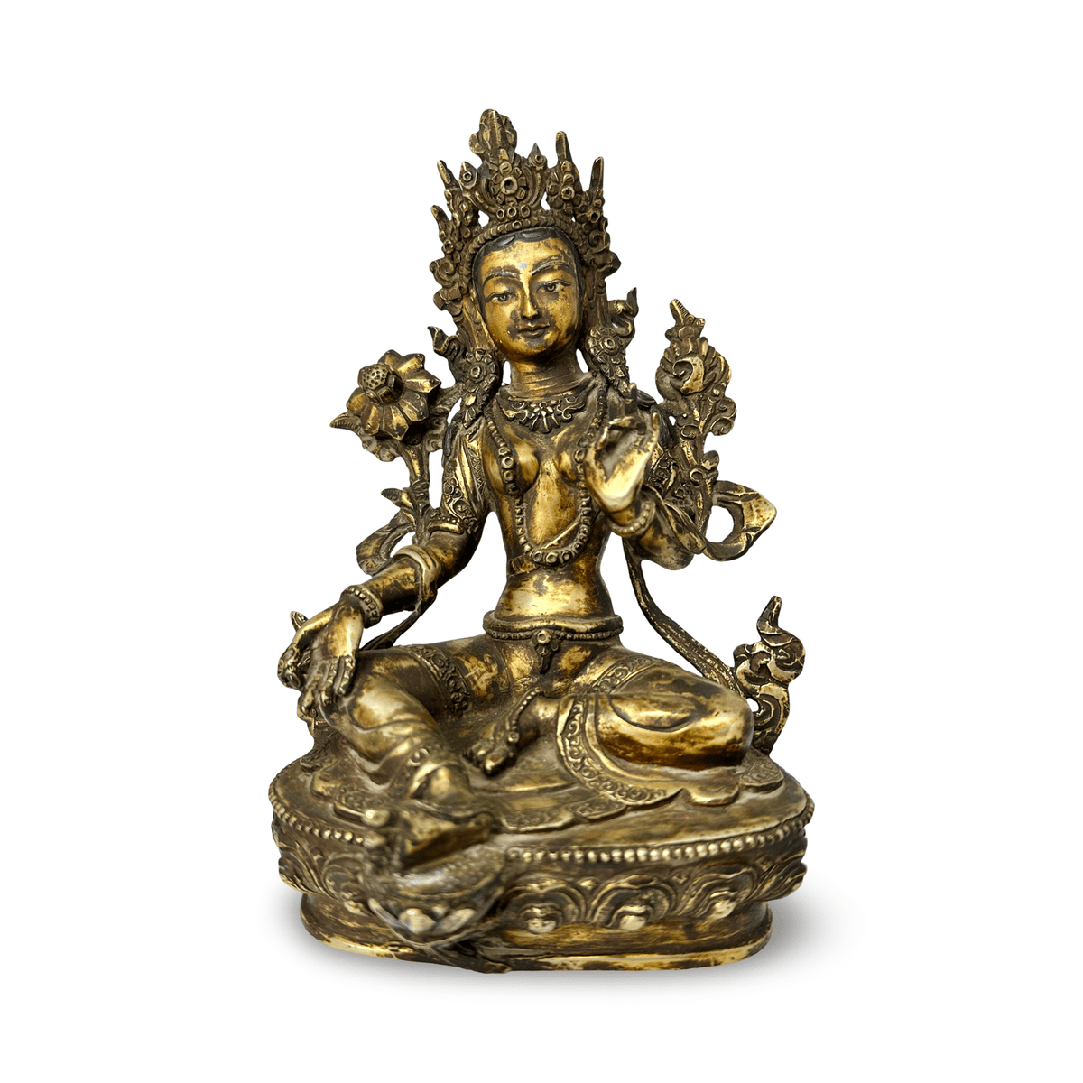 Vergoldete Kupferstatue «Grüne Tara» in antikem Stil mit Patina - Atelier Tibet