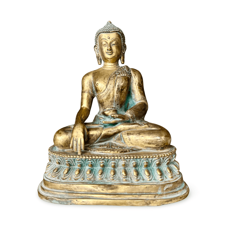 Vergoldete, patinierte Shakyamuni - Buddha - Statue aus Kupfer, 20 cm hoch - Atelier Tibet
