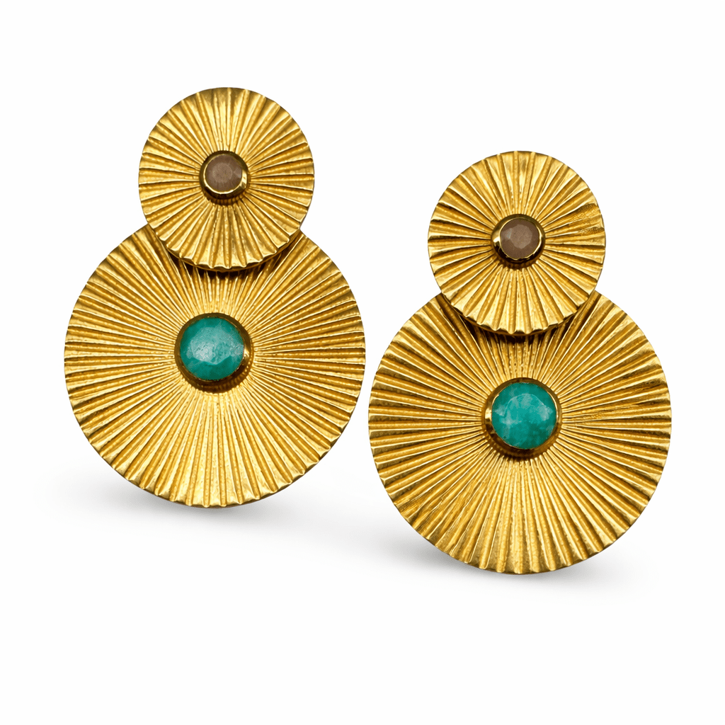 Vergoldete Statement - Scheiben - Ohrstecker mit Mondstein und Amazonit - Atelier Tibet