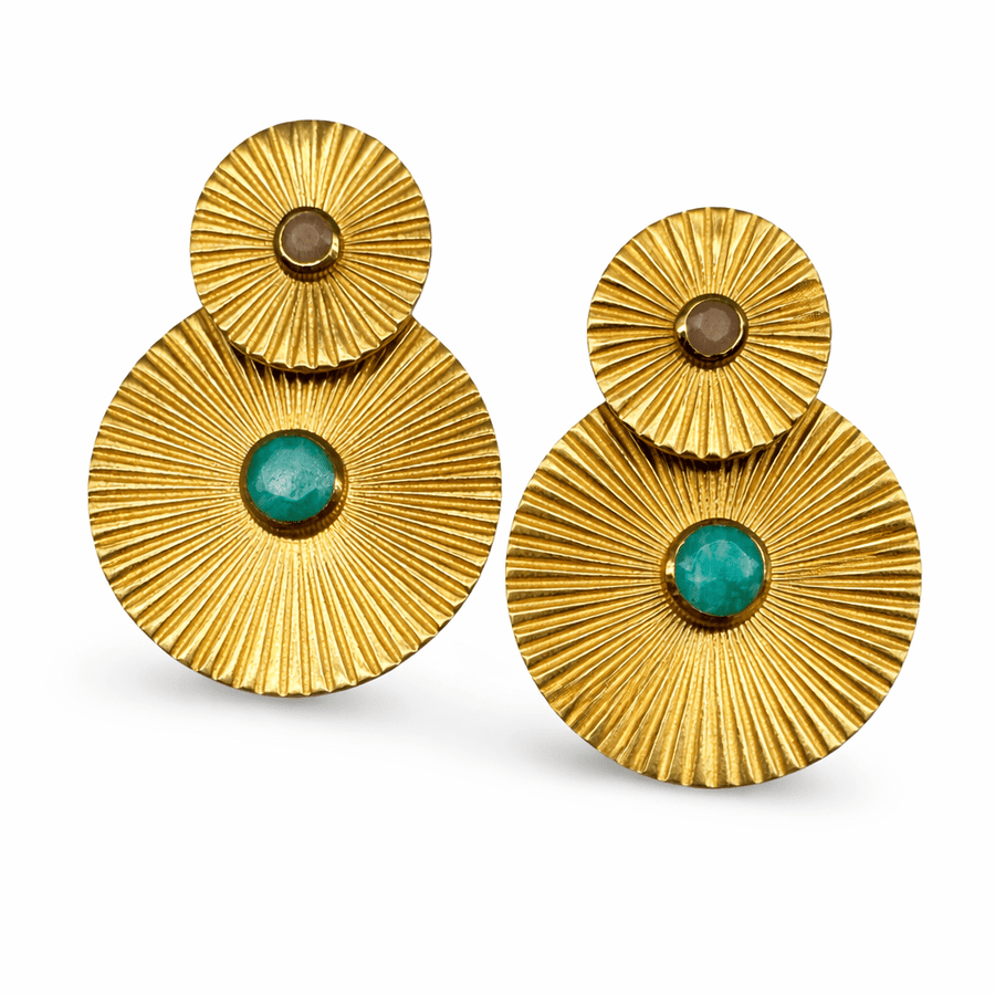 Vergoldete Statement - Scheiben - Ohrstecker mit Mondstein und Amazonit - Atelier Tibet