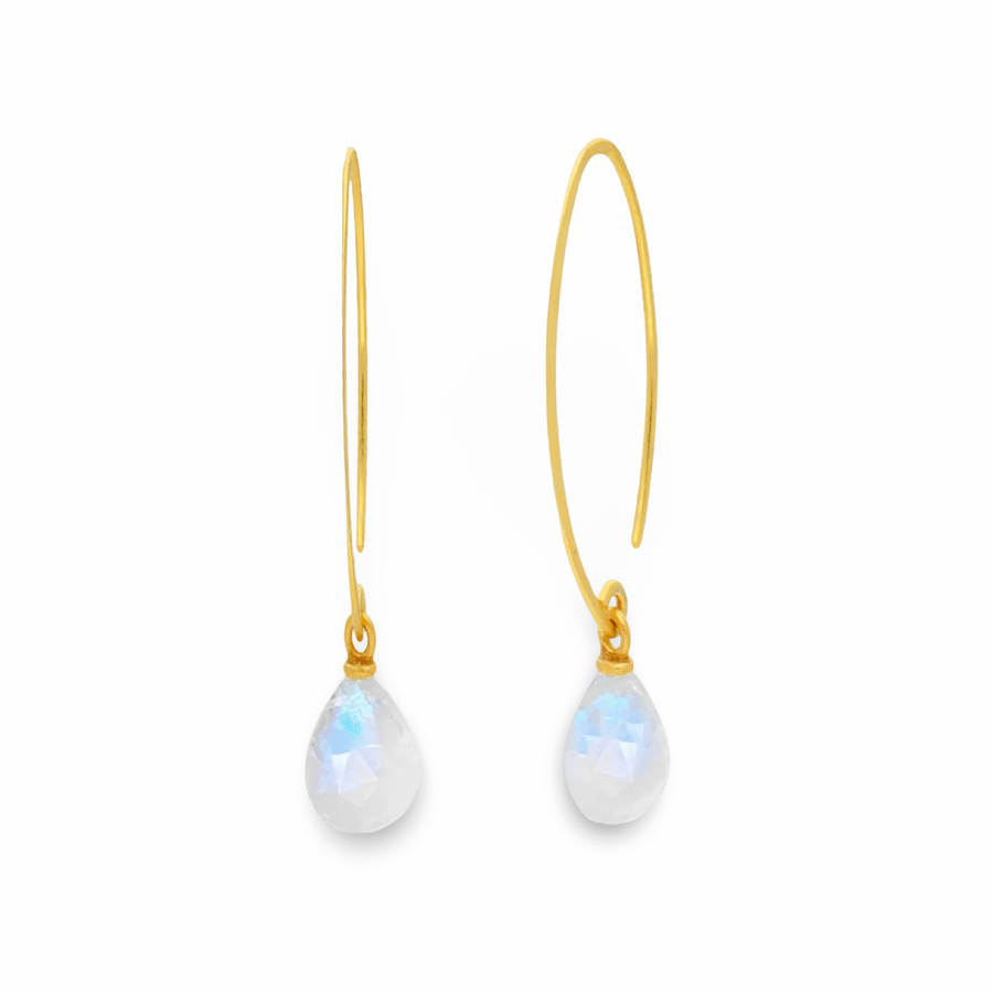 Vergoldete Tau­tropfen - Ohrringe mit Regenbogen - Mondstein - Atelier Tibet