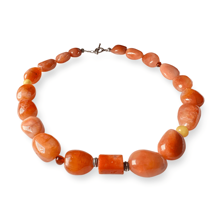 Vielseitig tragbare Kette aus Achat, Bernstein, Silber und alter Koralle - Atelier Tibet