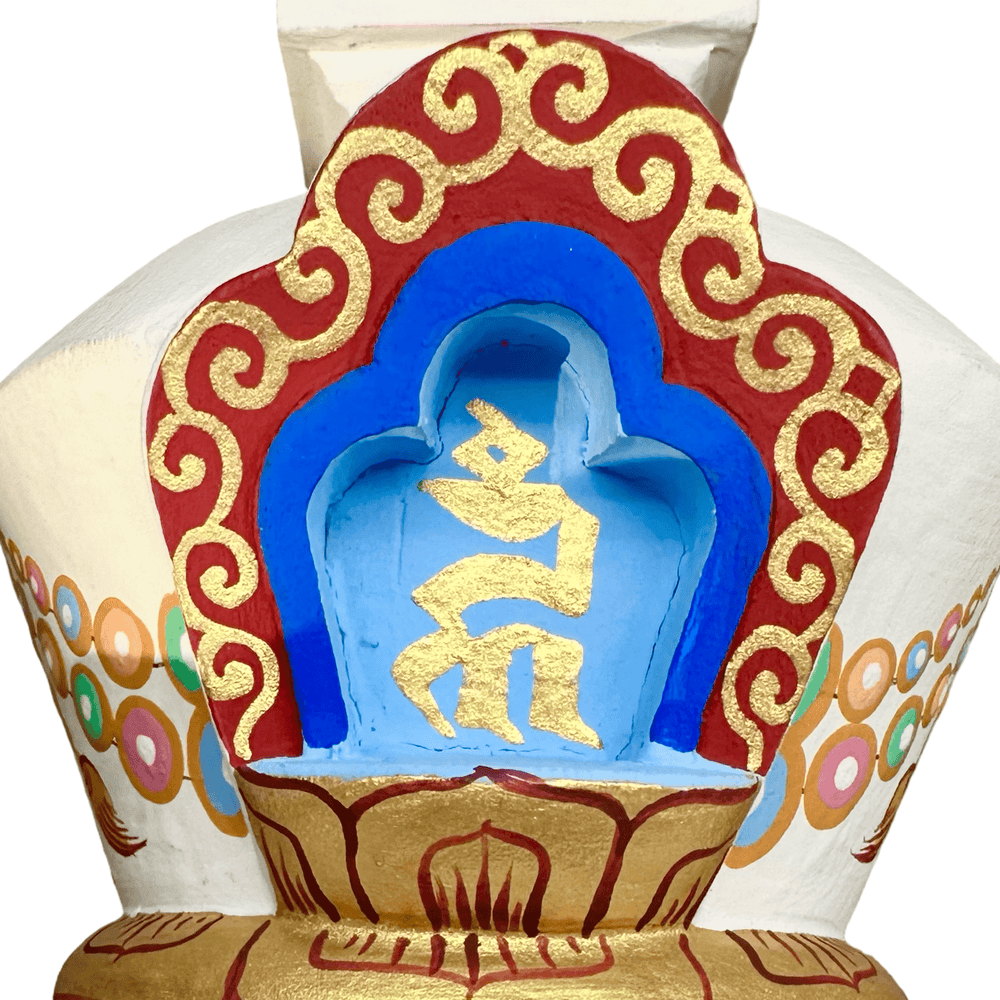 Weisse Stupa aus Holz mit Augen Buddhas - Atelier Tibet