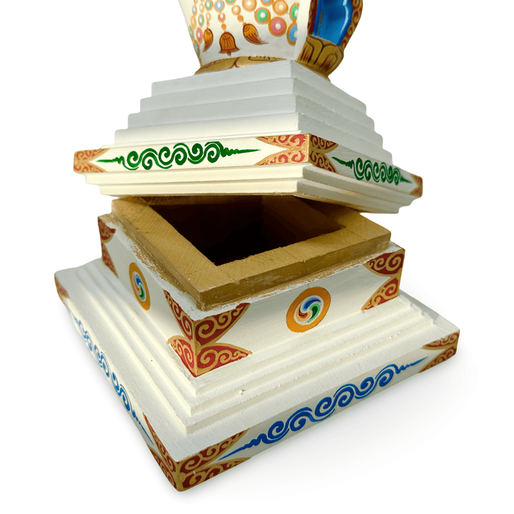 Weisse Stupa aus Holz mit Augen Buddhas - Atelier Tibet