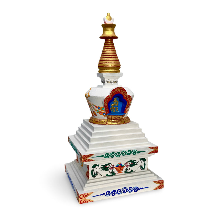 Weisse Stupa aus Holz mit Augen Buddhas - Atelier Tibet