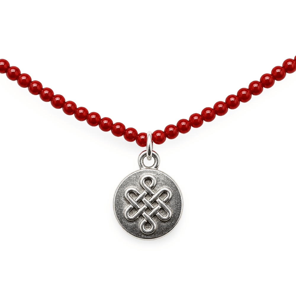 Zierliche Karneol - Kette mit Silber - Medaillon «Endloser Knoten» - Atelier Tibet