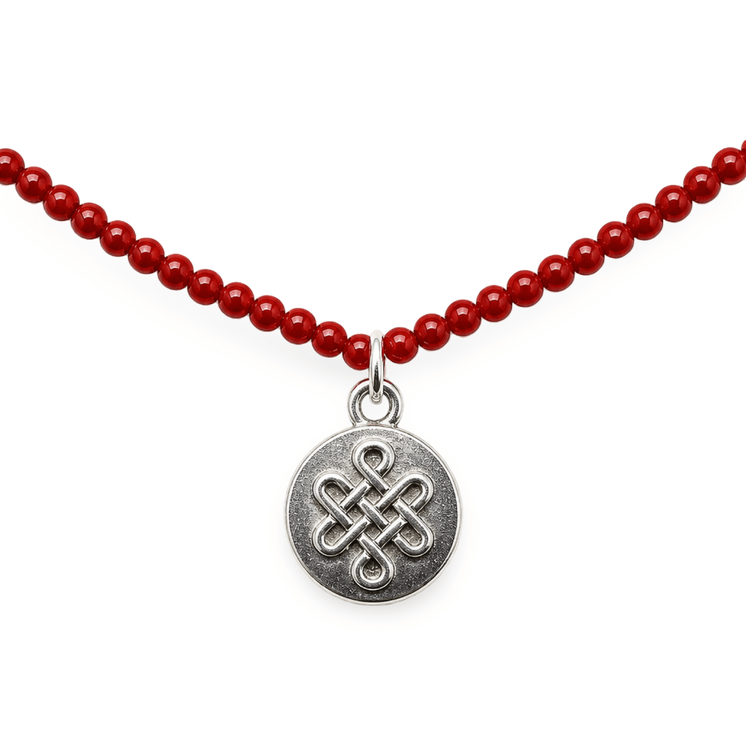 Zierliche Karneol - Kette mit Silber - Medaillon «Endloser Knoten» - Atelier Tibet