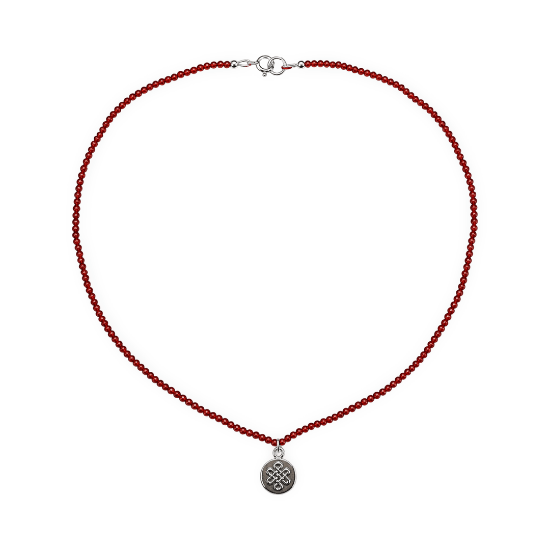 Zierliche Karneol - Kette mit Silber - Medaillon «Endloser Knoten» - Atelier Tibet