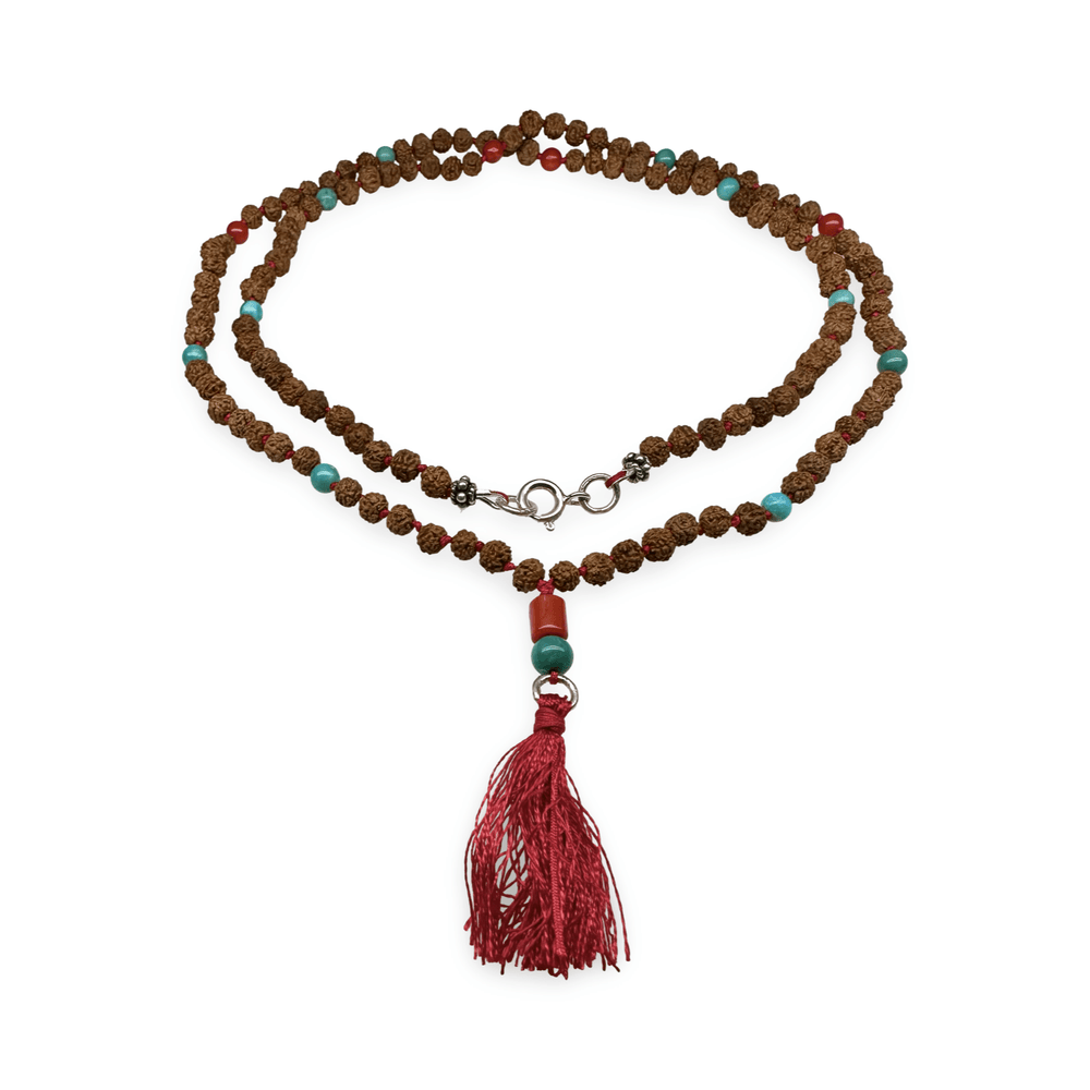 Zierliche Kette aus Rudraksha, Türkis und alter Koralle - Atelier Tibet