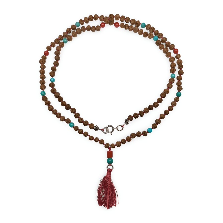 Zierliche Kette aus Rudraksha, Türkis und alter Koralle - Atelier Tibet
