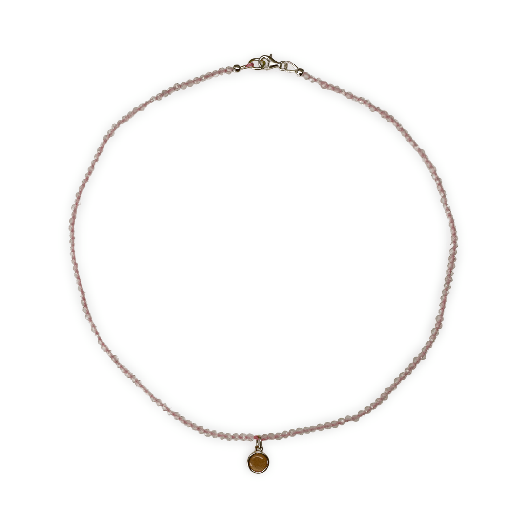 Zierliche Rosenquarz Halskette mit Mondstein - Anhänger - Atelier Tibet