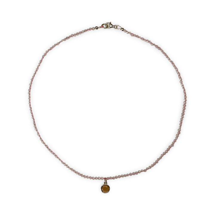 Zierliche Rosenquarz Halskette mit Mondstein - Anhänger - Atelier Tibet