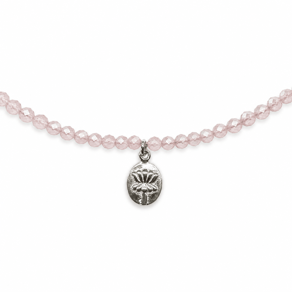 Zierliche Rosenquarz Halskette mit Silber - Anhänger «Lotus - Blüte» - Atelier Tibet
