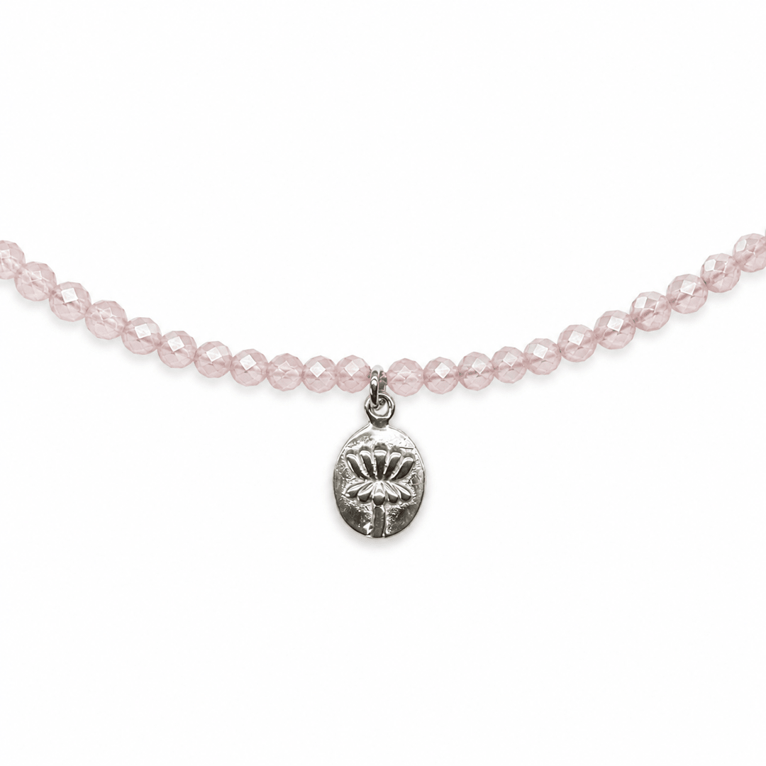 Zierliche Rosenquarz Halskette mit Silber - Anhänger «Lotus - Blüte» - Atelier Tibet