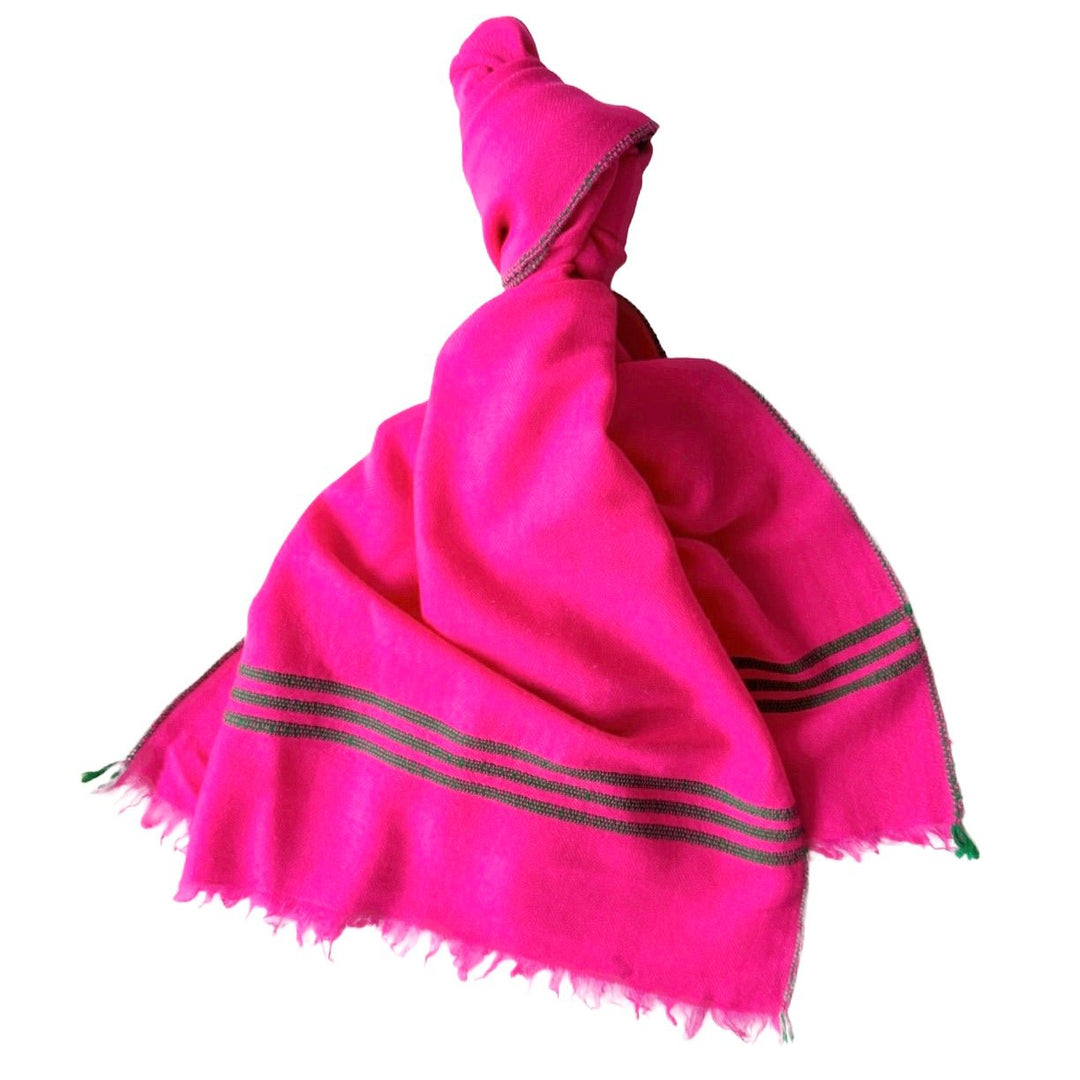Himalaya-Schal | 100% Yak-Wolle | Pink mit grünen Streifen - Atelier Tibet