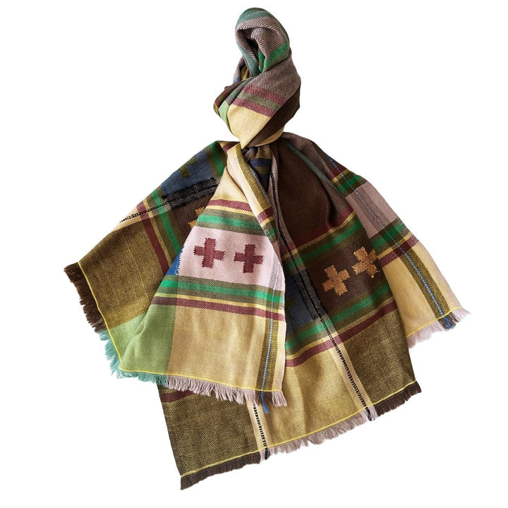 Himalaya-Schal | Pashmina, Wolle | Green-Blue-Brown-Cross - Atelier Tibet