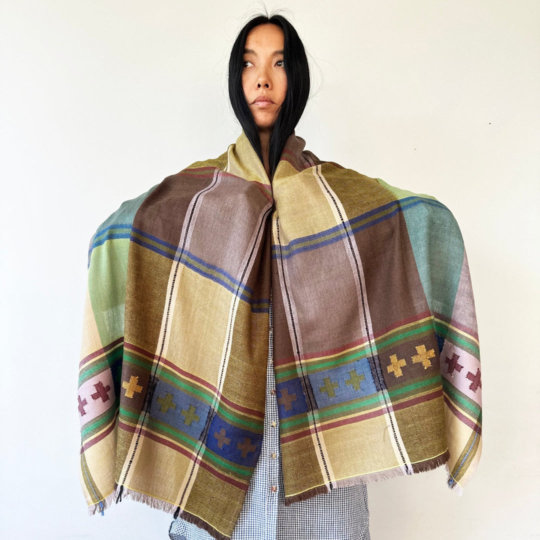 Himalaya-Schal | Pashmina, Wolle | Green-Blue-Brown-Cross - Atelier Tibet