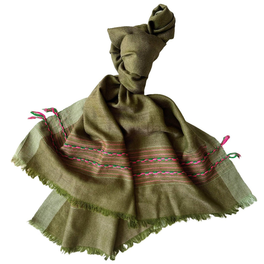 Himalaya-Schal | Pashmina, Wolle | Green PinkStripes - Atelier Tibet