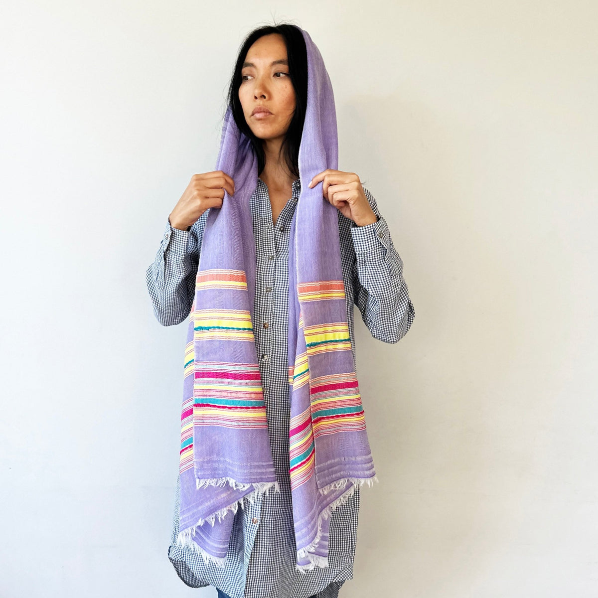 Himalaya-Schal | Pashmina, Wolle | Lila Colourful-Stripes - Atelier Tibet