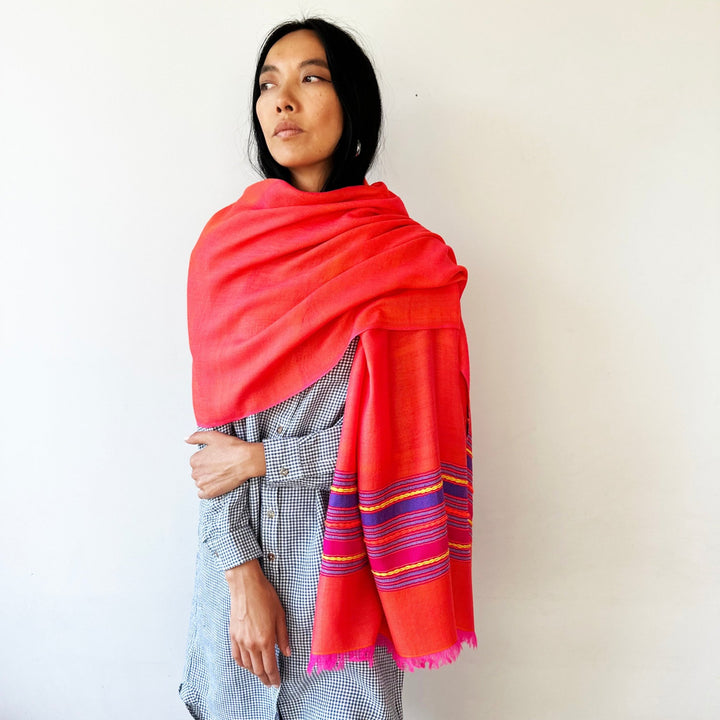 Himalaya-Schal | Pashmina, Wolle | Orange with Coloured Stripes - Atelier Tibet