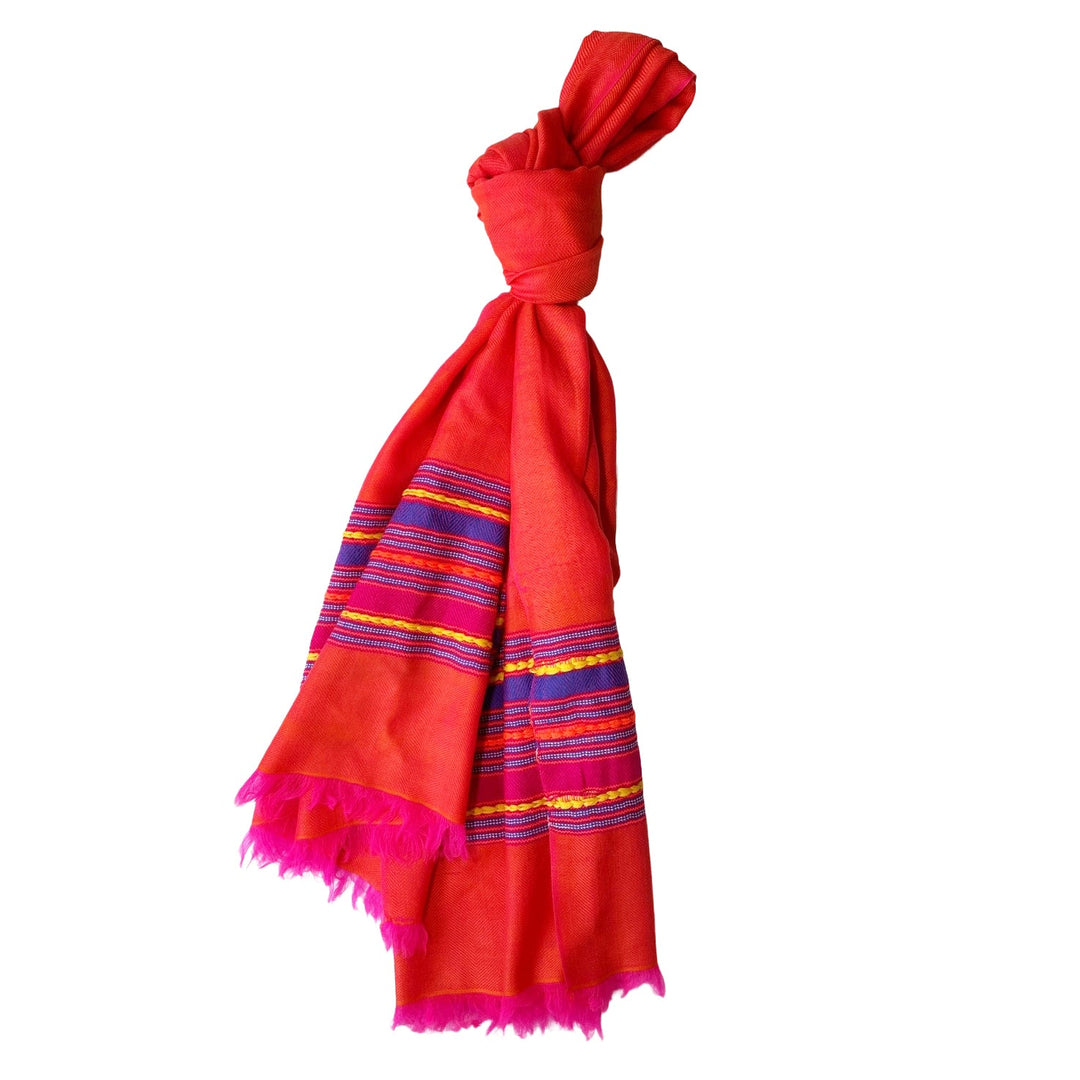 Himalaya-Schal | Pashmina, Wolle | Orange with Coloured Stripes - Atelier Tibet