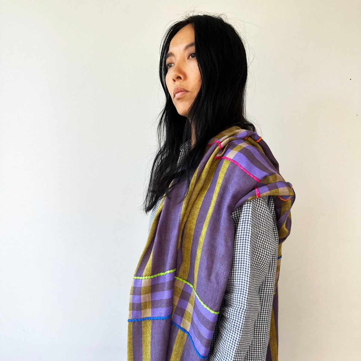 Himalaya-Schal | Pashmina, Wolle | Violet-Yellow-ColourStripes - Atelier Tibet